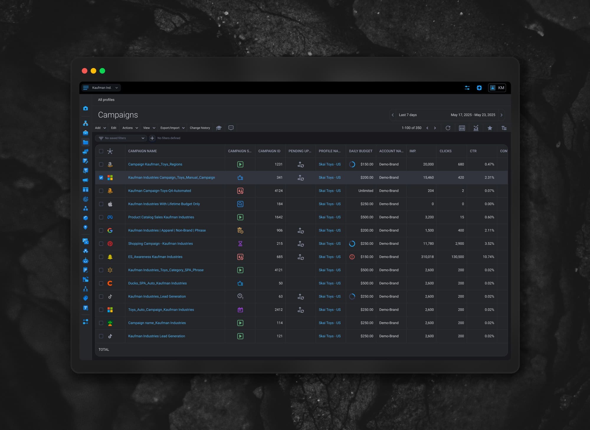 Dark mode — campaign table in the dark theme